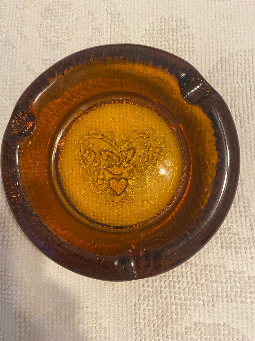 Amber Glass Decorative Ashtray with Heart Motif, no cracks or chips